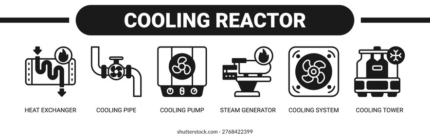 Cooling Reactor web banner icon vector illustration concept with icons of heat exchanger, pipe, cooling pump, steam generator, cooling system, and cooling tower.