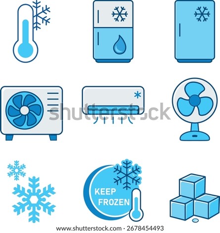 Cooling and Refrigeration Icon Set – Air Conditioner, Refrigerator, Fan, Thermometer, Ice Cubes