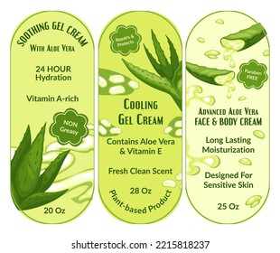 Cooling And Soothing Gel Cream With Aloe Vera Extract. Vitamin E And Fresh Clean Scent, Designed For Sensitive Skin, Plant Based Product For Beauty. Cosmetic Products Package. Vector In Flat Style