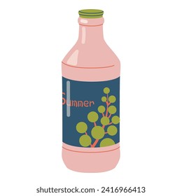Cooling summer drink in glass bottle concept. Soda, fruit juice, or cocktail beverage in cartoon style. Healthy organic refreshment. Flat vector illustration isolated on white background.