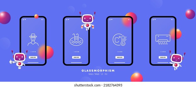 Cooling in summer set icon. Swimming pool, water, ladder, headwear, hat, thermometer, heat, hot, air conditioning, swim. Entertainment concept. Glassmorphism. UI phone app screens. Vector line icon.