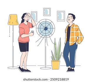 Cooling system at home concept. Man and woman near electric fan at apartment. Comfort and coziness in summer season and hot weather. Linear flat vector illustration isolated on white background