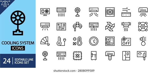 Cooling system icons set. Containing fan, radiator, coolant, thermostat, temperature, and air conditioning. Vector illustration. Editable stroke. Perfect for automotive and HVAC design.