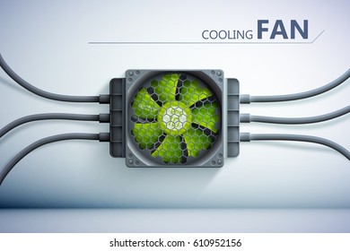 Cooling system template with realistic green plastic cooler grid on wall and wires vector illustration