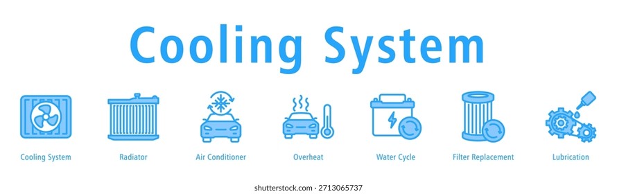 Ilustración vectorial de iconos de Anuncio de Web del sistema de enfriamiento con iconos de sistema de enfriamiento, radiador, aire acondicionado, sobrecalentamiento, ciclo del agua, reemplazo del Filtrar y lubricación.