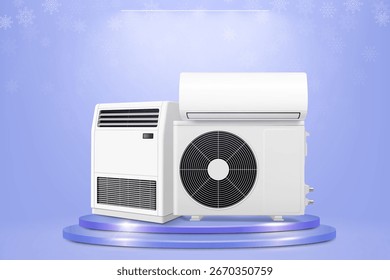 Kühltechnik auf Sockel mit Schneeflocken und blauem Hintergrund.