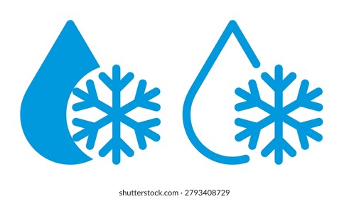 Cooling technology icons. Water drop with snowflake sign. Cold temperature, frost and freshness concept isolate on white background.

