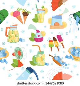 Cooling thing for summer pattern. Summer chill concept background. Chill air conditioner, fan, shaved ice, cold splashing water, cocktail, ice cream, cold air flow breeze. Summer holiday chill pattern