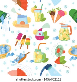 Kühlendes Ding für Sommermuster. Hintergrund des Sommerchill-Konzepts. Chill Klimaanlage, Ventilator, rasiertes Eis, kaltes Spritzwasser, Cocktail, Eis, Kaltluftstrom Brise. Sommerurlaub Chill Pattern