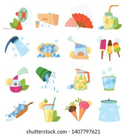 Cooling things for summer. Summer chill concept illustration. Chill air conditioner, fan, shaved ice, cold splashing water, cocktail, ice cream, cold air flow breeze. Summer holiday accessories design