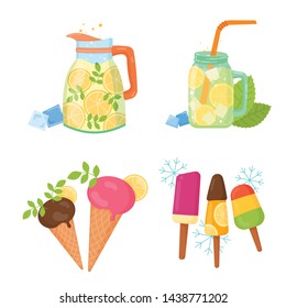 Cooling things for summer. Summer chill concept illustration. Chill juice, shaved ice, lemon lemonade, chill cocktail, ice cream, cold cool water, popsicle. Summer holiday accessory design element