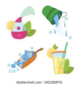 Cooling things for summer. Summer chill concept illustration. Chill air conditioner, fan, shaved ice, cold splashing water, cocktail, ice cream, cold air flow breeze. Summer holiday accessories design