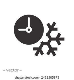 cooling time icon, fast freezing, snowflake with clock, flat symbol on white background - vector illustration