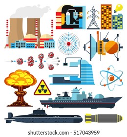 Cooling tower of atomic nuclear station factory power vector set. Space, war, transport technology based on nuclear energy atomic power