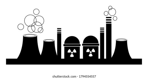 Cooling Tower, Emblem Of Factory Isolated On White Background For Logo, Business Card. Silhouette Of A Nuclear Power Plant. Vector Illustration. 