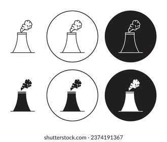 Conjunto de iconos de la línea de torre de refrigeración. Icono de la torre de la planta de energía nuclear térmica en color negro. Icono de chimenea de vapor de la estación de reactores nucleares en color negro para diseños ui.