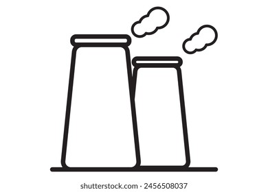  Cooling tower line icon set. Thermal nuclear power plant tower icon in black color. Nuclear reactor station steam chimney icon in black color for ui designs.