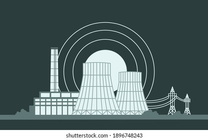 Torre de refrigeración que produce energía para generar calefacción eléctrica a vapor. Estación de energía térmica, central nuclear, reactor nuclear y líneas de energía, ilustración de vectores, cartel