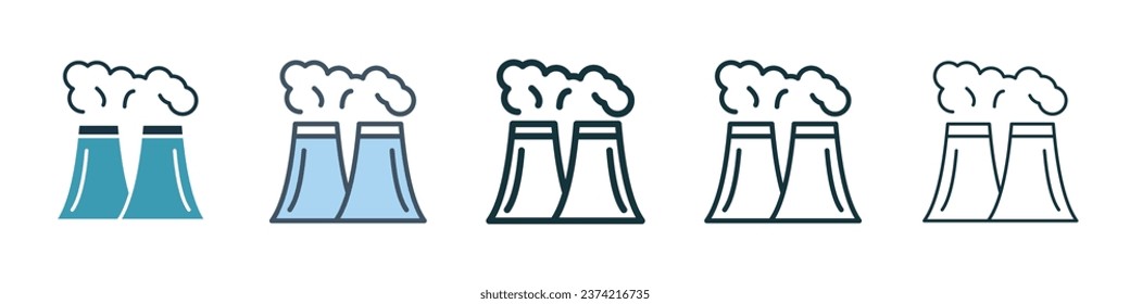 Cooling tower sign icon set. Thermal nuclear power plant tower vector symbol. Nuclear reactor station steam chimney vector sign for ui designs.