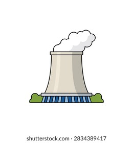 Cooling tower with steam emission flat vector illustration
