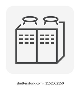 Cooling tower vector icon. Heat ventilation technology for industry i.e. oil refinery, petrochemical or chemical plant, nuclear power station, gas fired power plant, HVAC system for building. 64x64 px