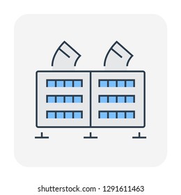 Cooling tower vector icon. Heat ventilation technology system for industry i.e. oil refinery, petrochemical or chemical plant, nuclear power station, gas fired power plant, HVAC system for building.