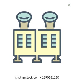 Cooling tower vector icon. Heat ventilation technology for industry i.e. oil refinery, petrochemical or chemical plant, nuclear power station, gas fired power plant, HVAC system for building. 64x64 px
