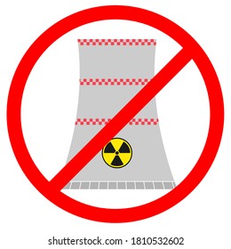 Cooling tower. Vector illustration of banned nuclear power plant with radiation sign. Cooling tower icon in colour. Forbidden sign. Stop.