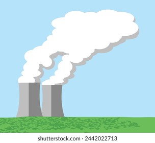 Cooling towers emit clouds of steam into the sky, with copy space.