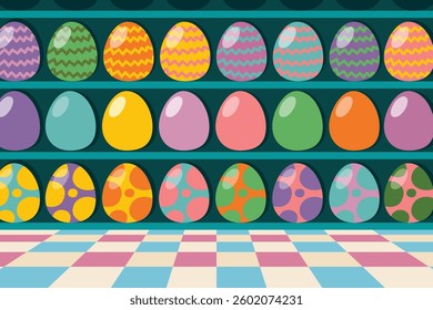 Coolorful Easter eggs On Shelf in Supermarket Wallpaper for Easter celebrations, Vector, Illustration