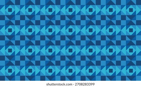 Cool-toned abstract blue background with a complex geometric repeat. The design simulates a patchwork or quilted textile, using different shades of blue
