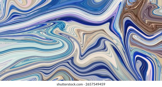 Ilustraciones fluidas abstractas de tonos fríos con azules profundos y neutrales, creando una visual energética y dinámica.