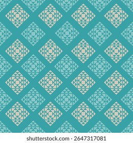 A cool-toned geometric repeat in blue and white, using diamond shapes to evoke modern ikat aesthetics with a clean and fresh feel.