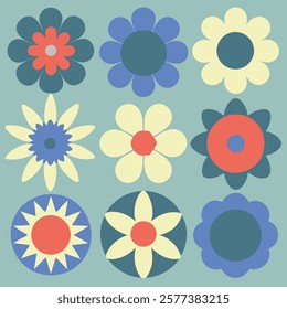 Cool-toned retro floral pattern with elegant geometric shapes