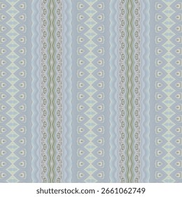 Patrón simétrico en tonos fríos de diamantes y curvas en azul pálido, gris y verde. Una textura abstracta futurista, cristalina y calmante para interiores o diseño tecnológico.