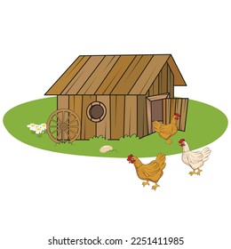 Coop, chickens, green floor, wooden wheel, stone and grass. My vector drawing.