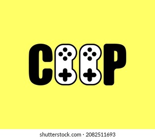 Coop game logo. Cooperative game sign. Video game icon for two joysticks. Play together together.