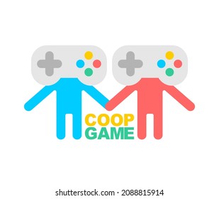 Coop game logo. Cooperative game sign. Video game icon for two joysticks. Play together together.
