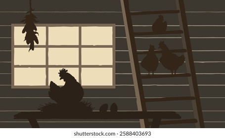 Coop scene. Henhouse drawing with chicken silhouettes. Black shape of hen on nest. Drawing of farm birds. Rustic life art. Vector illustration