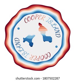 Cooper Island badge. Map of the island with beautiful geometric waves and vibrant red blue frame. Vivid round Cooper logo. Vector illustration.