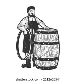 Cooper man with barrel sketch engraving vector illustration. T-shirt apparel print design. Scratch board imitation. Black and white hand drawn image.