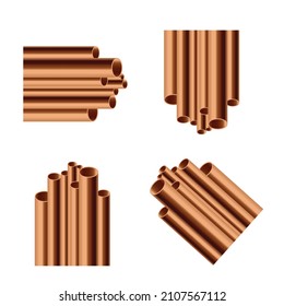 Cooper-Rohre auf Stapel legen, realistische Muster, Vektorgrafik einzeln auf weißem Hintergrund. Gestaltungselemente aus Rohren der Bauindustrie.