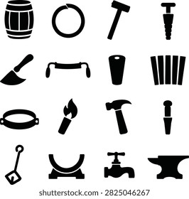 Cooperage and Barrel Making Tools Icons Set