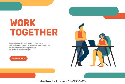 Cooperate Office Workers Perform the Task. Coworking People, Working Together and Discussing Problem. Modern Flat Style Design Web Banner Vector Illustration