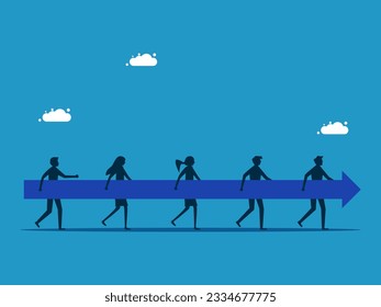 Cooperate for progress. Businessman holding an arrow pointing in the same direction