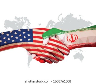 Cooperate of USA vs Iran, Flags on clenched hands facing each other on World map, Vector illustration