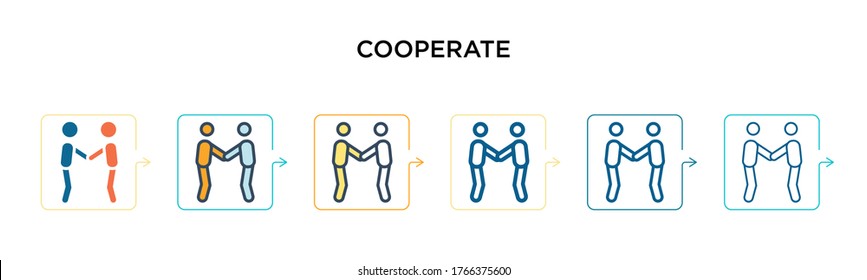 Cooperate vector icon in 6 different modern styles. Black, two colored cooperate icons designed in filled, outline, line and stroke style. Vector illustration can be used for web, mobile, ui