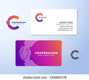 Cooperation Abstract Vector Logo and Business Card Template. Hand Shake Incorporated in Letter C Concept. Premium Stationary Realistic Mock Up. Isolated.