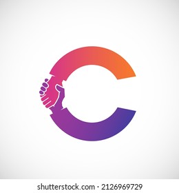 Cooperation Abstract Vector Sign, Symbol or Logo Template. Hand Shake Incorporated in Letter C Isolated
