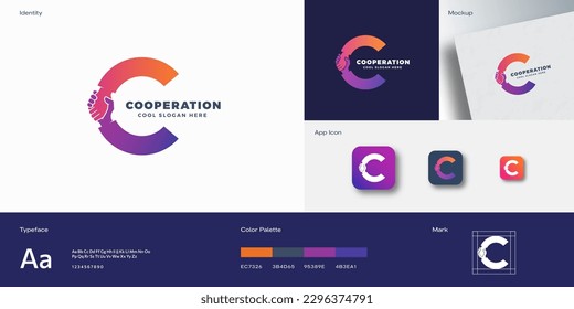 Cooperation Abstract Vector Sign, Symbol or Logo Template. Hand Shake Incorporated in Letter C Concept. Isolated.